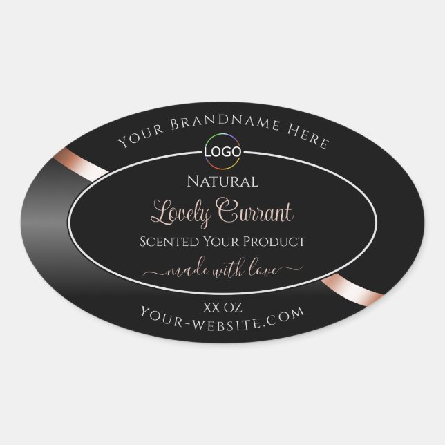 Elegant Black Wavy Rose Gold Logo Product Labels (Front)