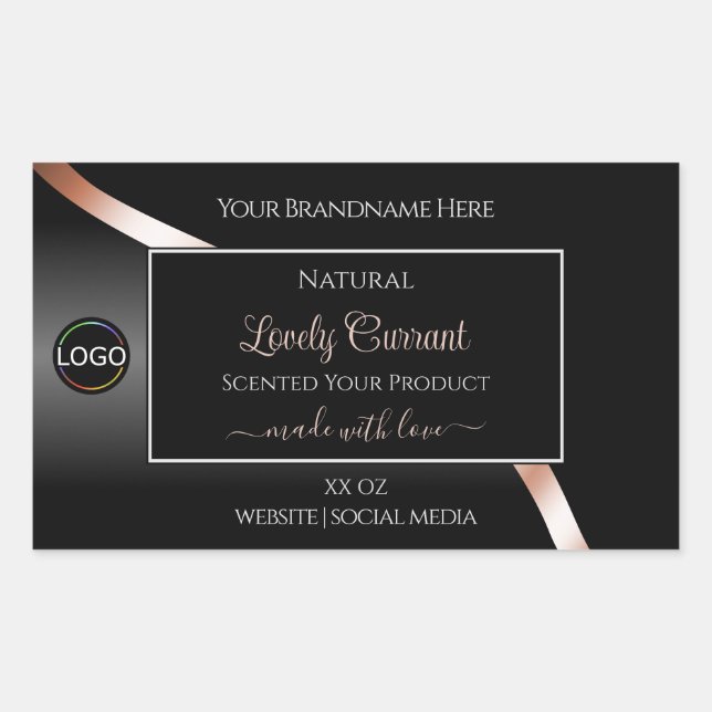 Elegant Black Wavy Rose Gold Logo Product Labels (Front)