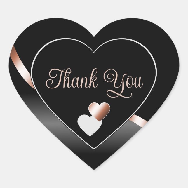 Elegant Black Wavy Rose Gold with Hearts Thank You Heart Sticker (Front)