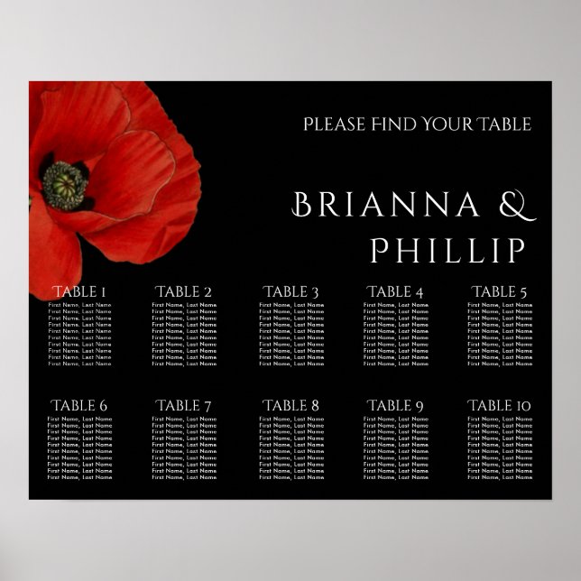 Elegant Black Wedding 10 Table Seating Chart (Front)