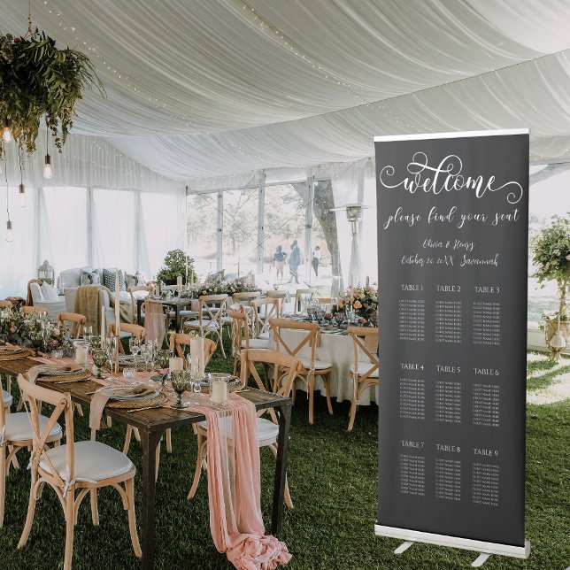 Elegant Black Wedding 9 Tables Seating Chart Retractable Banner (Creator Uploaded)