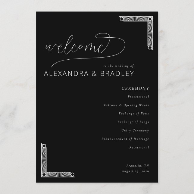 Elegant Black Wedding Ceremony Programme (Front)