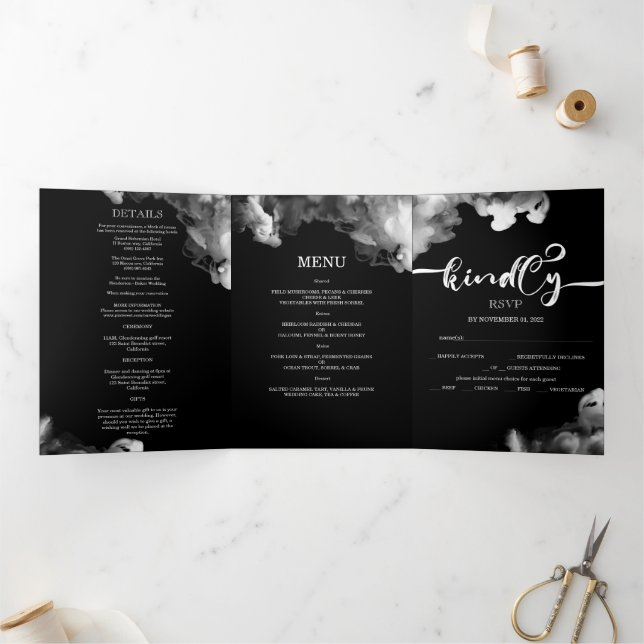 Elegant  Black wedding invitation/menu/rsvp.  Tri-Fold Invitation (Inside)