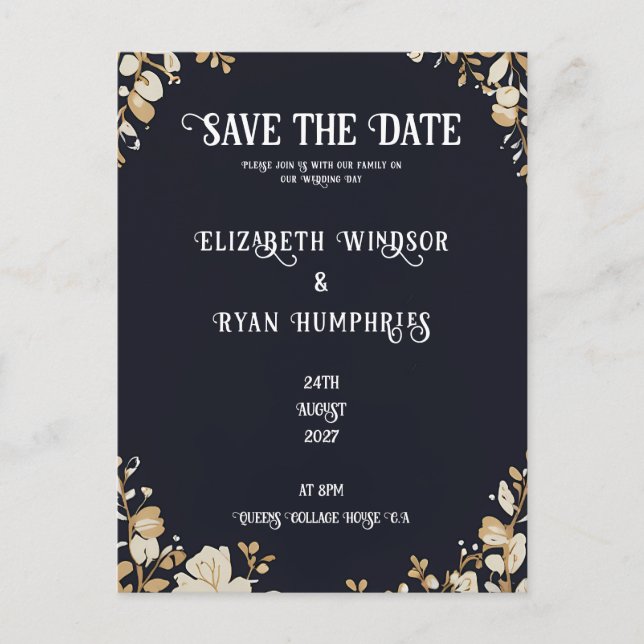 Elegant Black Wedding Invitation  Postcard (Front)
