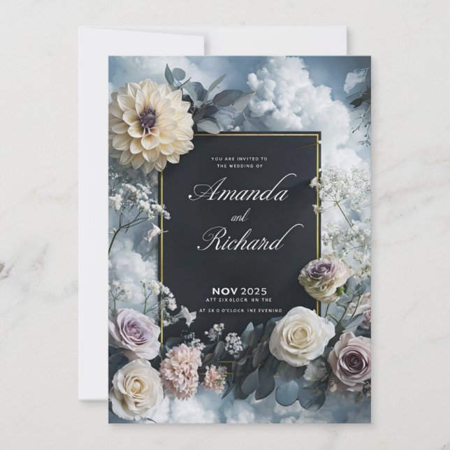 Elegant Black Wedding Invitation With Floral Borde (Front)