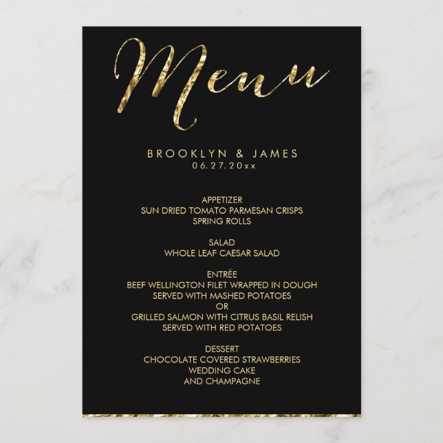 Elegant Black Wedding Menu With Gold Foil (Front)