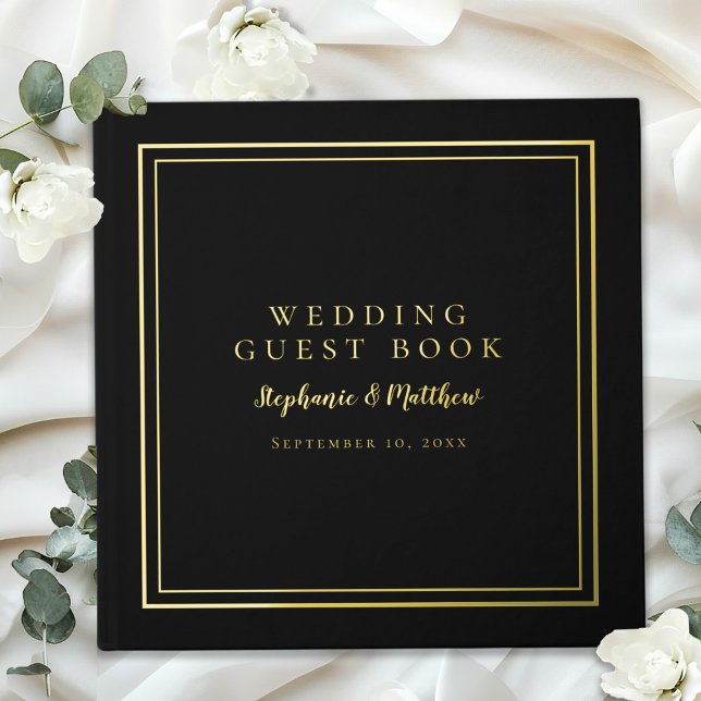 Elegant Black Wedding Modern Calligraphy Real Gold Guest Book (Creator Uploaded)