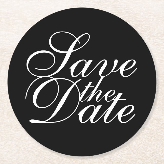 Elegant Black Wedding Save the Date Round Paper Coaster (Front)