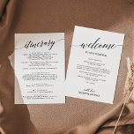 Elegant Black Wedding Welcome Letter & Itinerary<br><div class="desc">These elegant black wedding welcome letter & itinerary cards are perfect for a simple wedding. The neutral design features a minimalist card decorated with romantic and whimsical typography. The front of the card features a welcome letter and the back of the card features the wedding itinerary. These notes are perfect...</div>