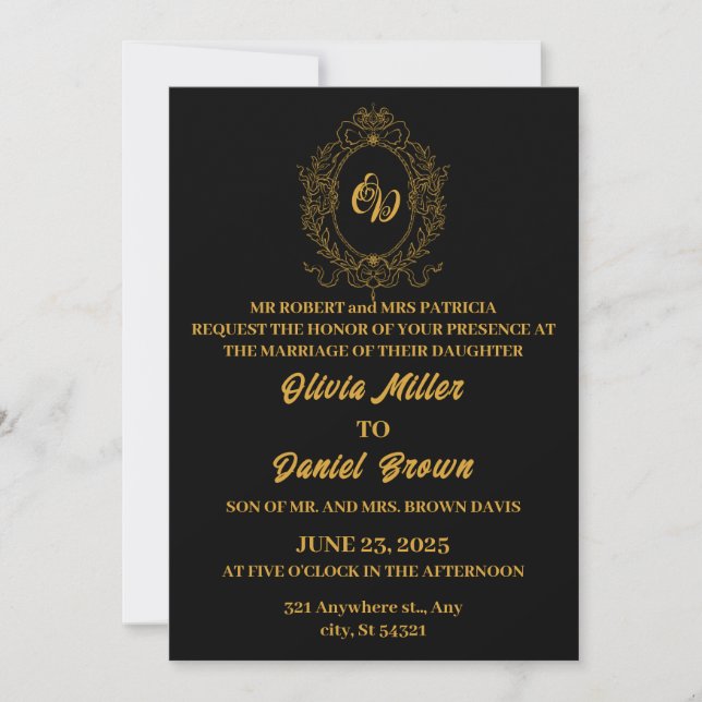 Elegant black wedding with floral logo frame gold  invitation (Front)