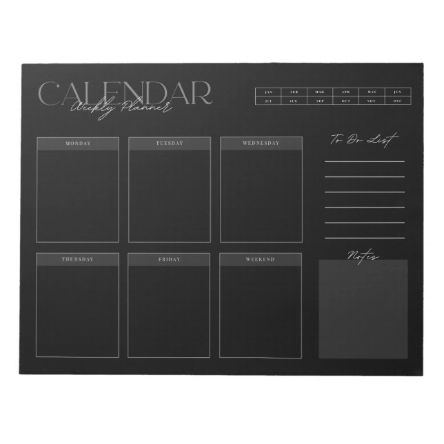 Elegant Black Weekly Planner Notepad (Front)