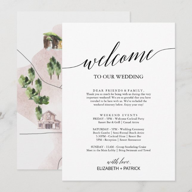 Elegant Black Welcome Letter Itinerary & Map (Front/Back)