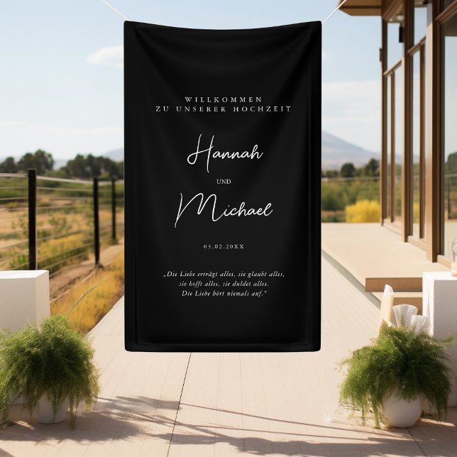 Elegant, black, "Welcome to our wedding" Banner (Elegant, Black, Minimal Wedding "Welcome Banner" with your name, date & place for personal words.)