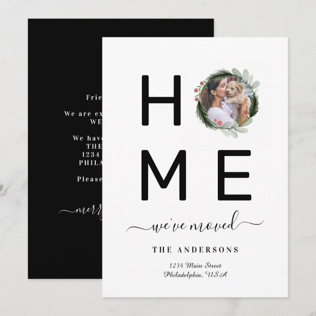 Elegant Black We've Moved Christmas Photo Wreath Announcement (Front/Back)