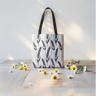 Elegant Black Wheat Stalks and Dots Pattern Tote Bag