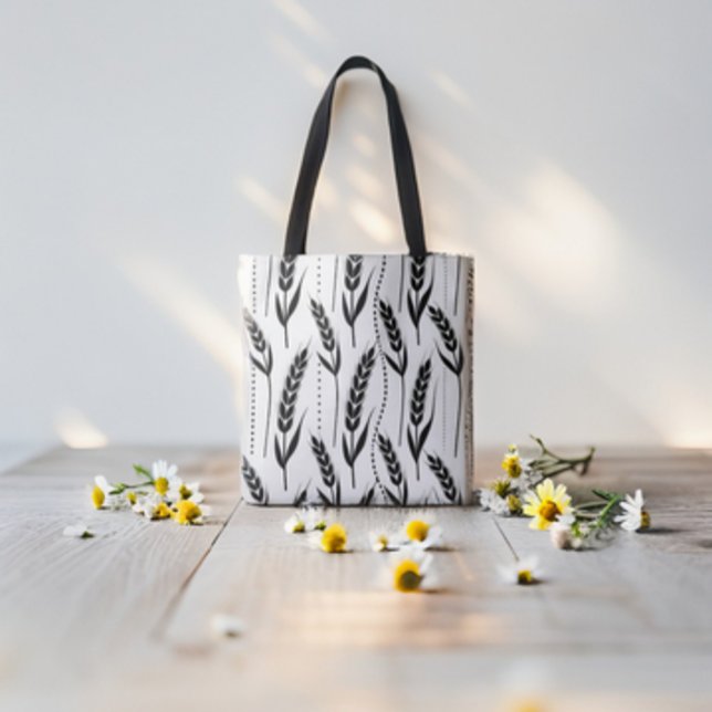 Elegant Black Wheat Stalks and Dots Pattern Tote Bag (Creator Uploaded)