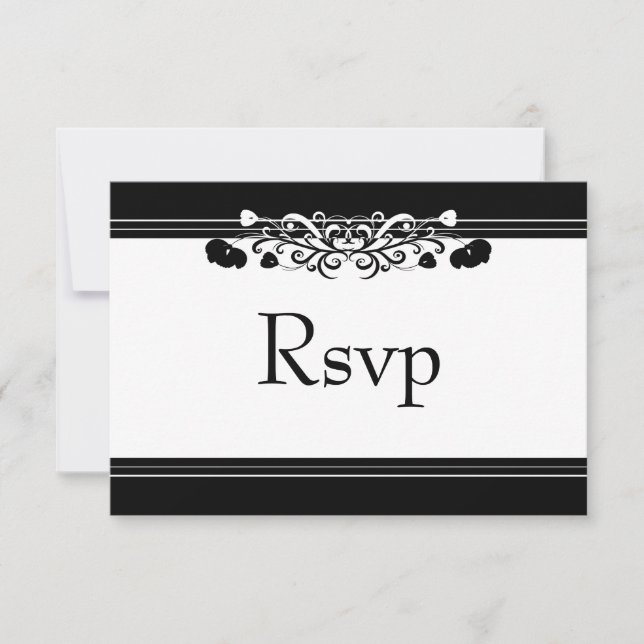 Elegant Black & Whiite Flourish Wedding RSVP Card (Front)