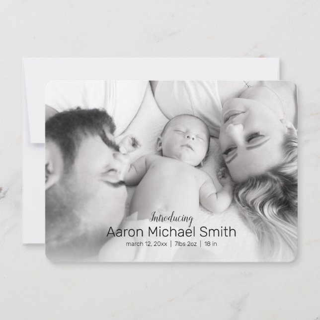 Elegant Black & White 2 Photo Birth Announcement (Front)