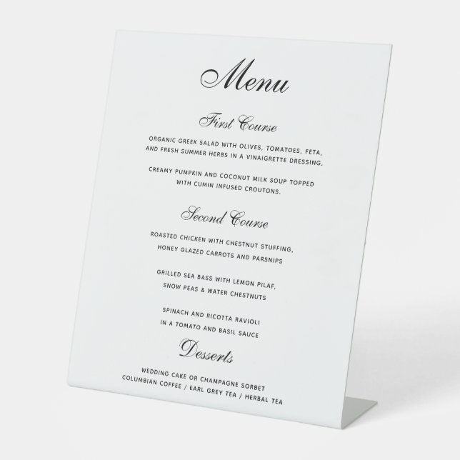 Elegant Black White 3 course Wedding Menu  Pedestal Sign (Front)