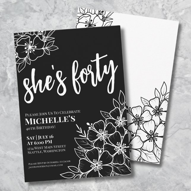 Elegant Black White 40th Birthday Party Invitation (Elegant Forty Black White 40th Birthday Party Invitation)