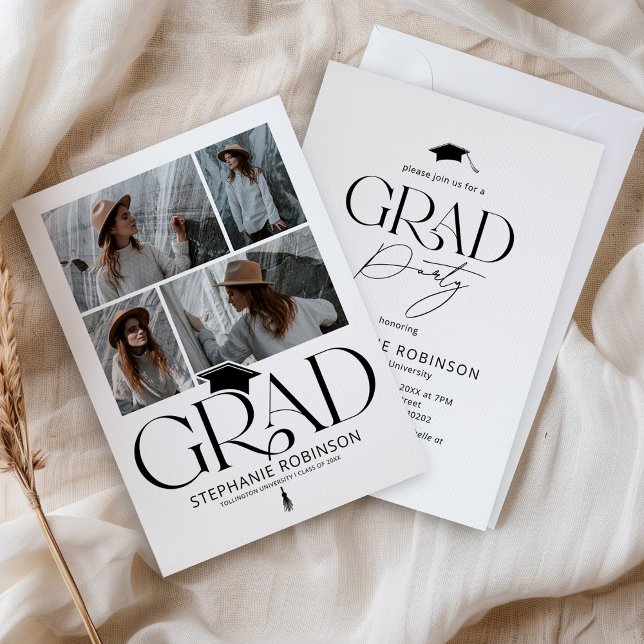 Elegant Black & White 4 Photo Graduation Party Invitation (Creator Uploaded)