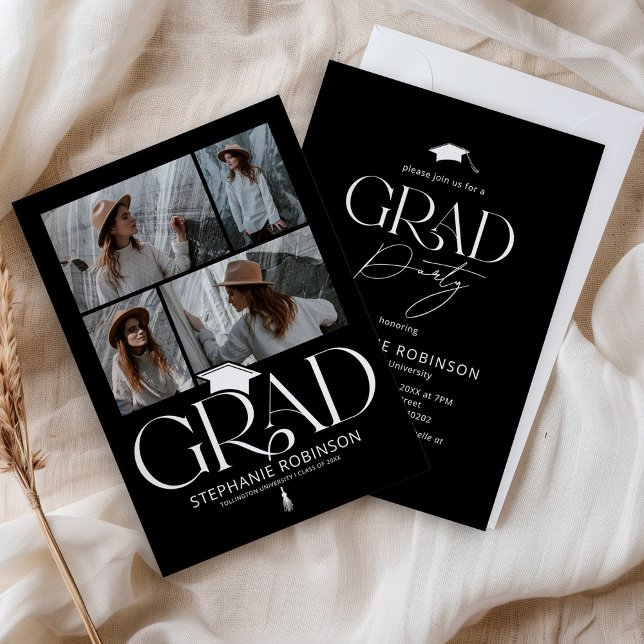 Elegant Black & White 4 Photo Graduation Party Invitation (Creator Uploaded)