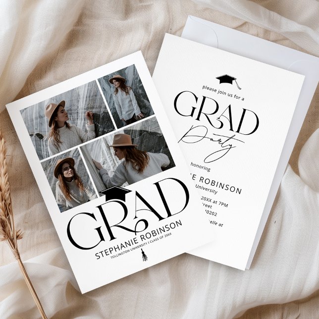 Elegant Black & White 4 Photo Graduation Party Invitation (Creator Uploaded)