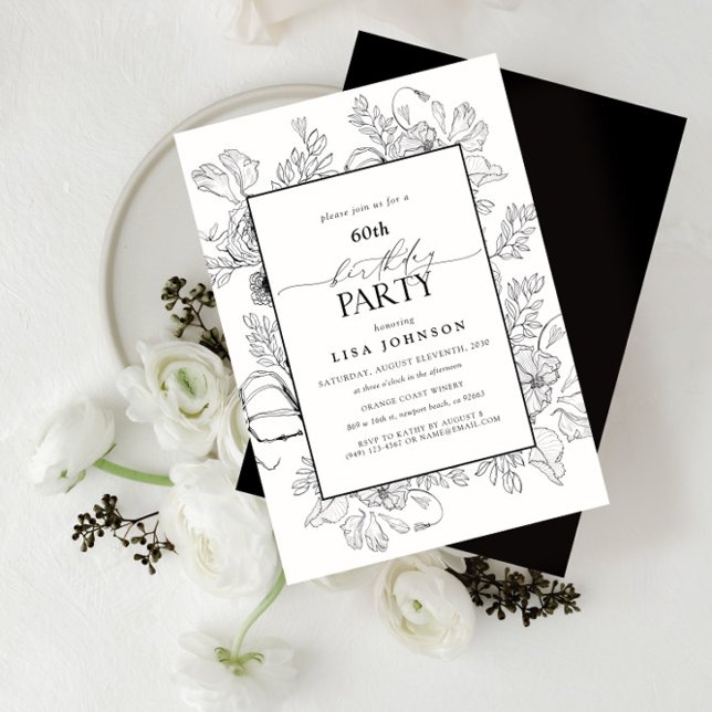 Elegant Black White 60th Birthday Floral Line Art Invitation (Creator Uploaded)