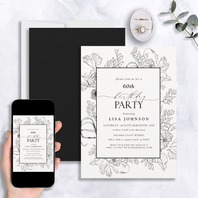 Elegant Black White 60th Birthday Floral Line Art Invitation (Creator Uploaded)