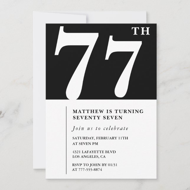 Elegant Black White 77th birthday invitation (Front)