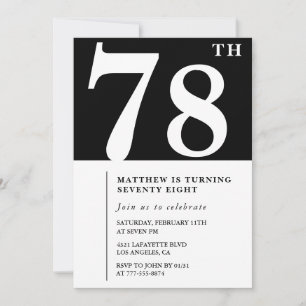 Elegant Black White 78th birthday invitation