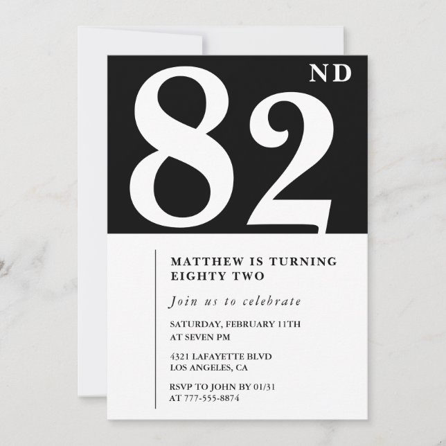 Elegant Black White 82nd birthday invitation (Front)