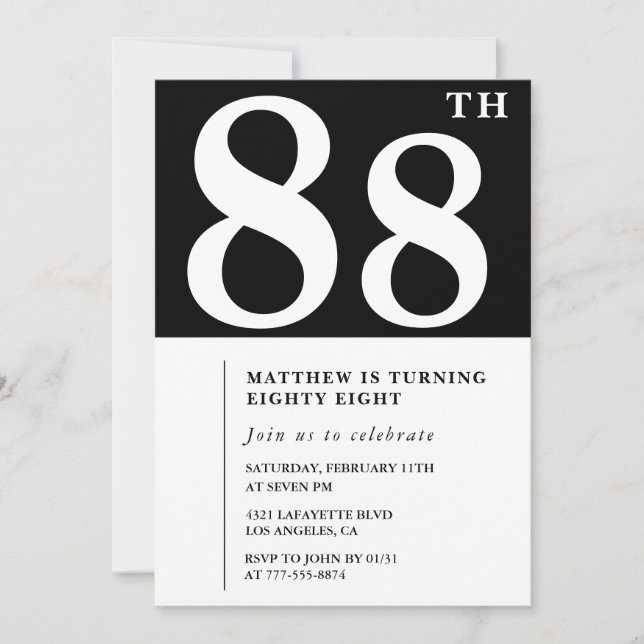 Elegant Black White 88th birthday invitation (Front)