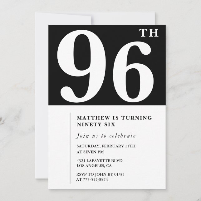 Elegant Black White 96th birthday invitation (Front)