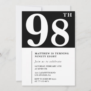 Elegant Black White 98th birthday invitation