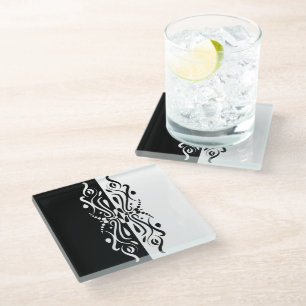 Elegant Black & White Abstract Harlequin Style Glass Coaster