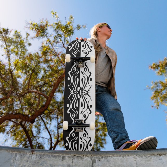 Elegant Black & White Abstract Harlequin Style Skateboard (Outdoor 1)