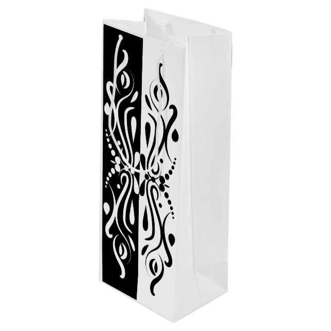 Elegant Black & White Abstract Harlequin Style Wine Gift Bag (Front Angled)