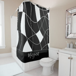 Elegant black &white abstract monogram name shower curtain