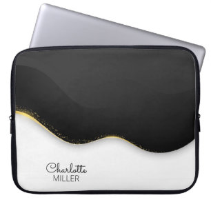 Elegant Black-White Abstract Wave and Custom Name Laptop Sleeve
