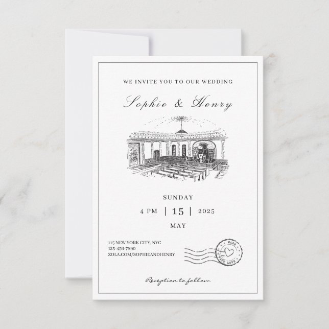 Elegant Black & White All in One Wedding  Invitation (Front)