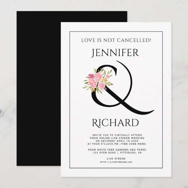 Elegant black white ampersand virtual wedding invitation (Front/Back)