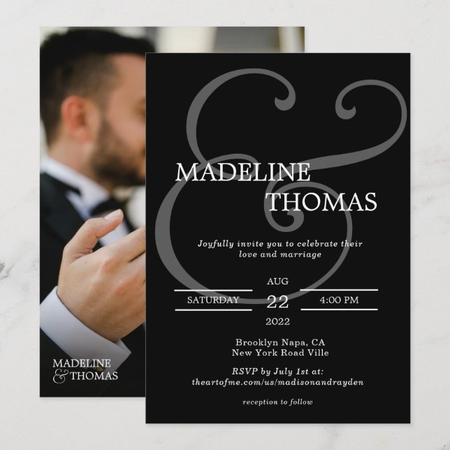 Elegant Black White Ampersand with Photo Wedding Invitation (Front/Back)