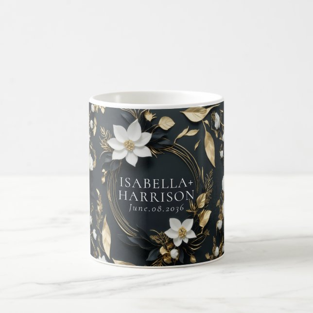 Elegant Black White and Gold Floral Weddings Gifts Coffee Mug (Center)
