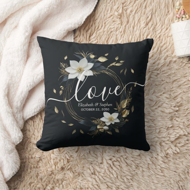 Elegant Black White and Gold Floral Wreath Wedding Cushion (Blanket)