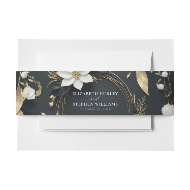 Elegant Black White and Gold Floral Wreath Wedding Invitation Belly Band (Front Example)