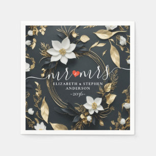 Elegant Black White and Gold Floral Wreath Wedding Napkin