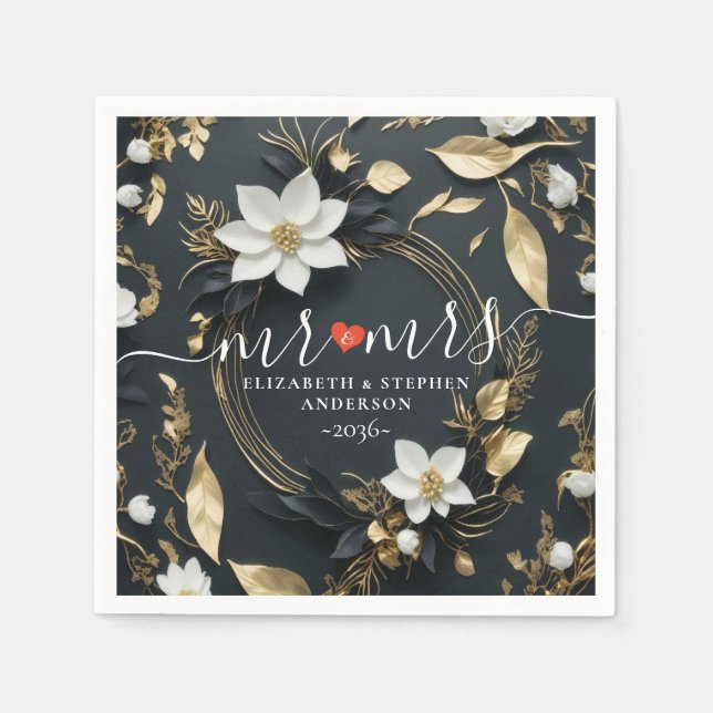Elegant Black White and Gold Floral Wreath Wedding Napkin (Front)