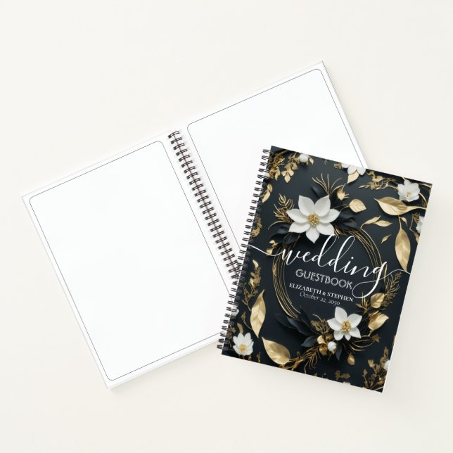 Elegant Black White and Gold Floral Wreath Wedding Notebook (Inside)
