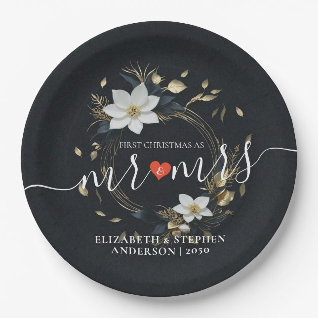 Elegant Black White and Gold Floral Wreath Wedding Paper Plate (Front)